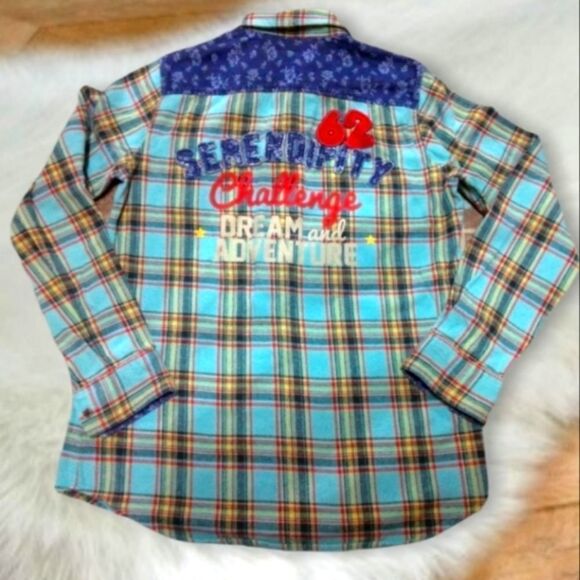 WHOLE HAUSS | VINTAGE SMURF GRAPHIC PRINT FLANNEL PLAID BUTTON DOWN IN TEAL - Picture 1 of 16